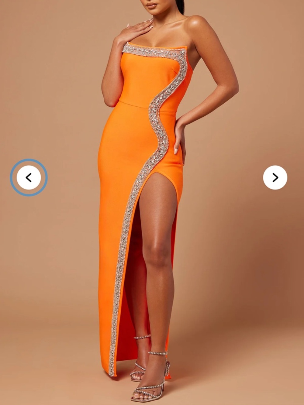 Fashion Nova Strapless Orange Gown with Rhinestone Trim - Amber Bandage Gown